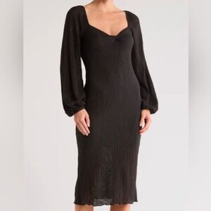 Lush Black Twist Front Plissé Pleated Long Sleeve Midi Dress Size Small
